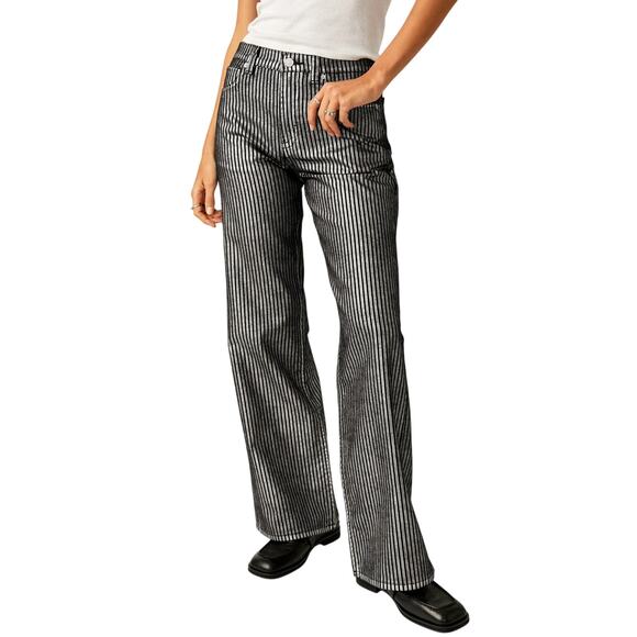 We The Free Metallic Stripe Tinsley Baggy High Rise Straight Leg Jeans Size 31 - Picture 1 of 16